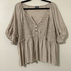 Arula Beige Cottagecore Mori Kei Goblincore Fairycore Smocked Peasant Blouse 3X